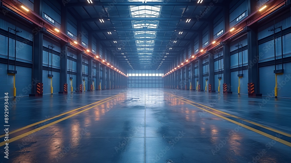 Fototapeta premium Modern Industrial Warehouse Interior with Bright Lighting and Reflections on Floor