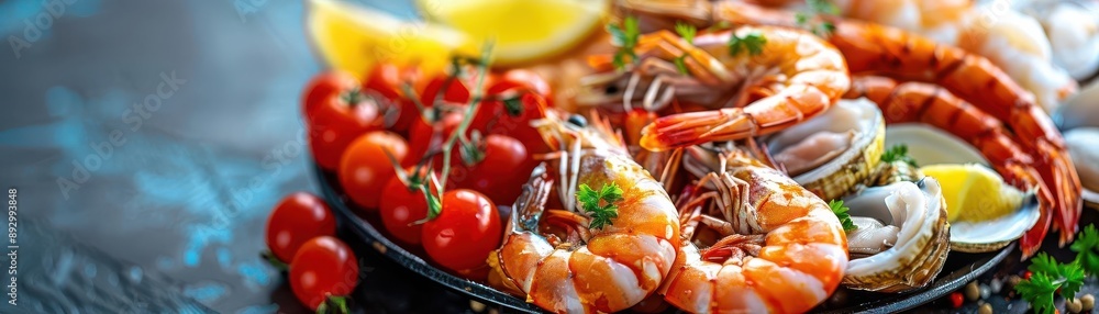 A close-up of fresh seafood, including shrimp, clams, and tomatoes. A close-up of fresh seafood, including shrimp, clams, and tomatoes.