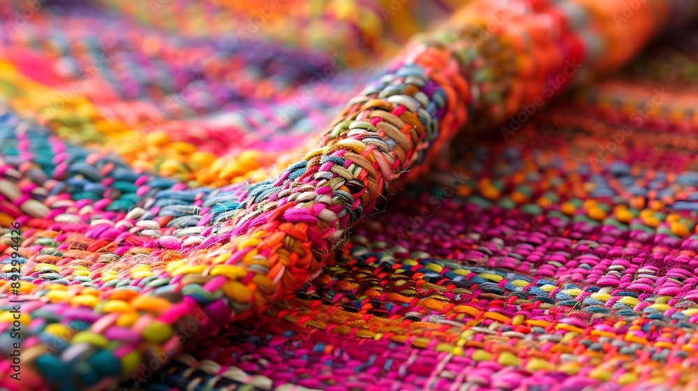 A detailed view of a vibrant, handwoven rug, showcasing the intricate patterns and the texture of the woven fibers A detailed view of a vibrant, handwoven rug, showcasing the intricate patterns and the texture of the woven fibers