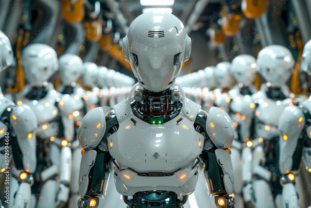 rows of AGI humanoid robots, front view, in industrial interior background, cinematic rows of AGI humanoid robots, front view, in industrial interior background, cinematic