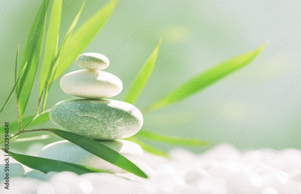 Closeup of Zen Stones and Bamboo Leaves on Empty Table with Copy Space, Blurred Greenery Spa Background with Light Pastel Colors, Ideal for Product Advertising Closeup of Zen Stones and Bamboo Leaves on Empty Table with Copy Space, Blurred Greenery Spa Background with Light Pastel Colors, Ideal for Product Advertising