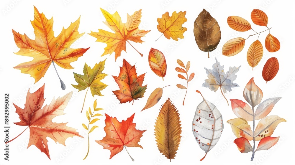 Obraz premium Autumn leaves set. Fall leaves. White background. Watercolor illustrations set