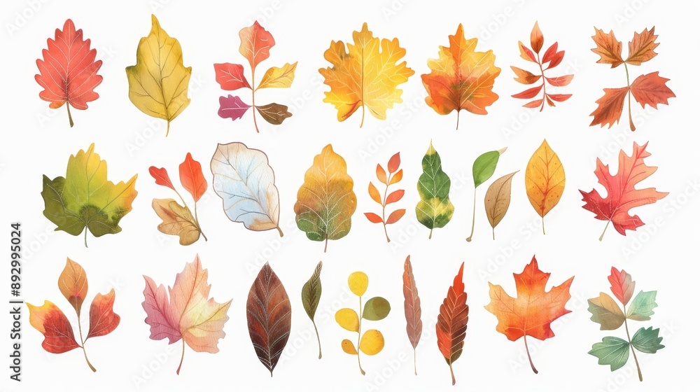 Obraz premium Autumn leaves set. Fall leaves. White background. Watercolor illustrations set