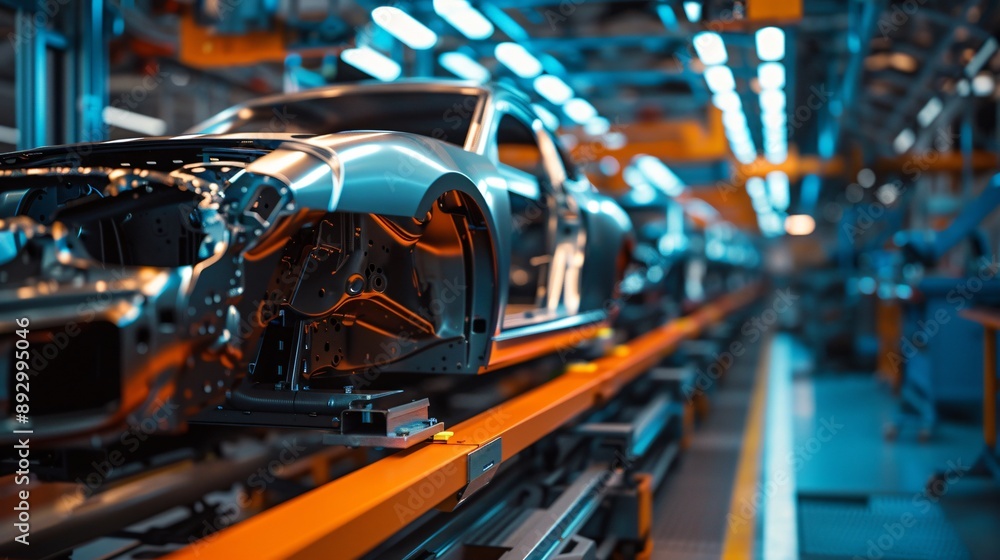 Mass production assembly line of modern cars in a busy factory
Mass production assembly line of modern cars in a busy factory