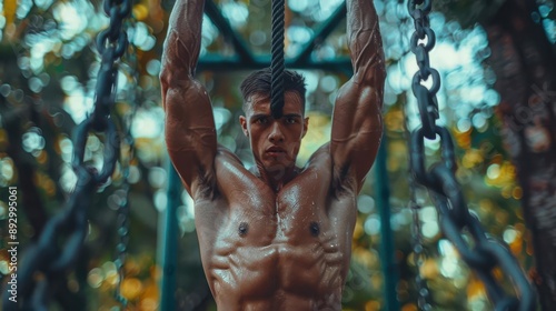 A muscular man hangs from a chain link, his body glistening with sweat, showcasing his dedication to fitness.