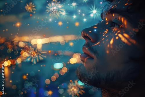 A person with glowing skin gazes up at a sky filled with shimmering stars and lights.