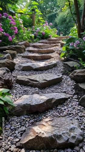 Stone stairs connecting garden paths on a sunny day, low ground cover photo