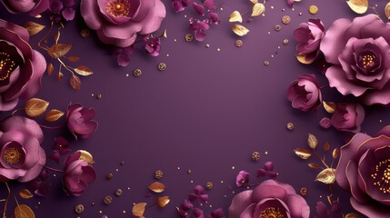 A purple background with gold flowers and gold leaves