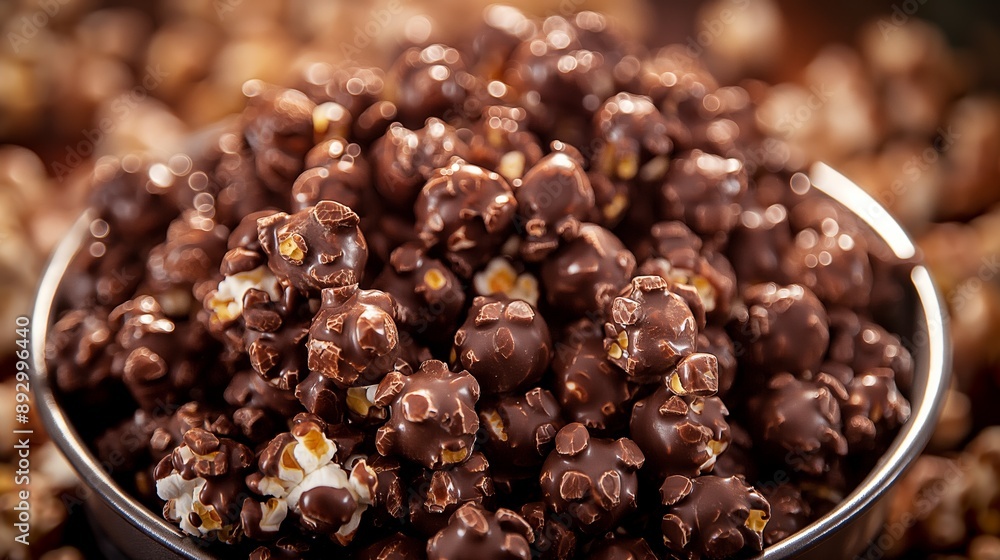 Fototapeta premium Close-up of Delicious Chocolate Coated Popcorn in a Bowl Against a Blurred Background