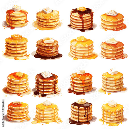 A series of pancakes with different toppings, including butter and syrup