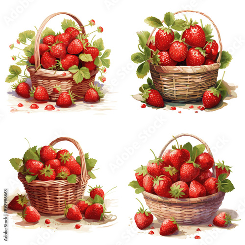 Four baskets of strawberries with green leaves