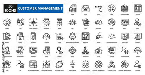 customer management icon set collection. account, agent, analytics, support, customer, data, email, rating, help, knowledge base