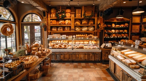 A cozy bakery with a large window display of fresh bread and pastries, warm lighting, and rustic wooden trim 