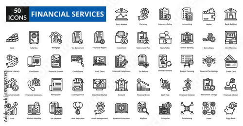 financial services icon set collection. bank building, atm machine, credit card, financial advisor, piggy bank, stock market, currency, insurance policy, accounting, wallet