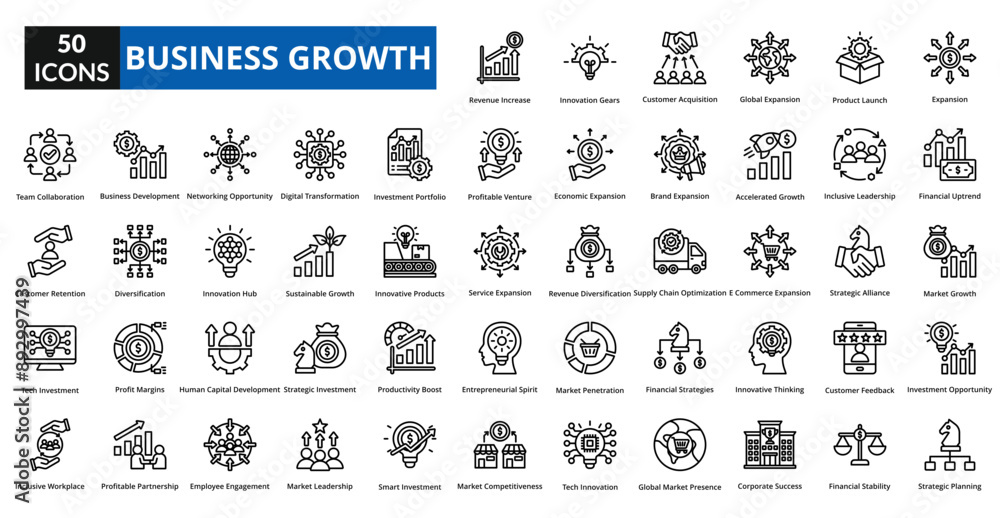 Fototapeta premium business growth icon set collection. Expansion, Financial Uptrend, Market Growth, Investment Opportunity, Strategic Planning, Revenue Increase, customer Acquisition, Global Expansion, Product launch