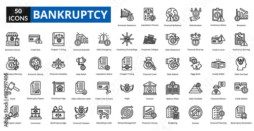 bankruptcy icon set collection. Recession, Insolvency Warning, Debt Overload, Credit Default, Bankruptcy Declaration, Economic Downturn, Liquidation Process, Financial Meltdown, Debt Burdens