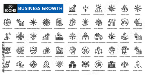 business growth icon set collection. Expansion, Financial Uptrend, Market Growth, Investment Opportunity, Strategic Planning, Revenue Increase, customer Acquisition, Global Expansion, Product launch