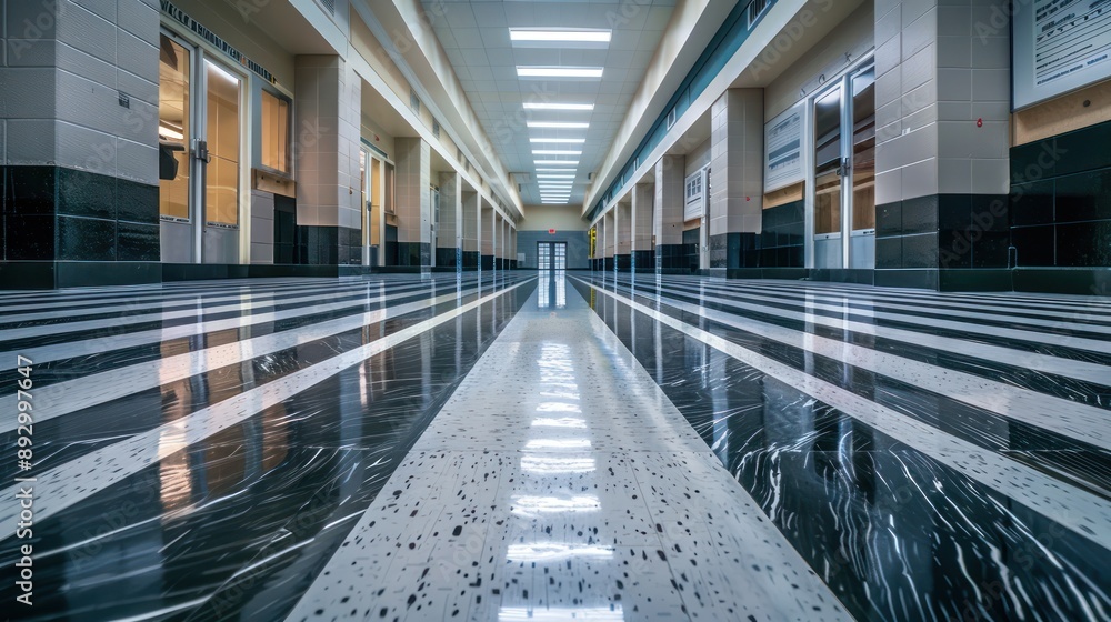 high school hallway with lockers and black striped marble floor, symmetrical, high resolution photography, professional color grading, no contrast, clean sharp focus, soft shadows, bokeh background high school hallway with lockers and black striped marble floor, symmetrical, high resolution photography, professional color grading, no contrast, clean sharp focus, soft shadows, bokeh background