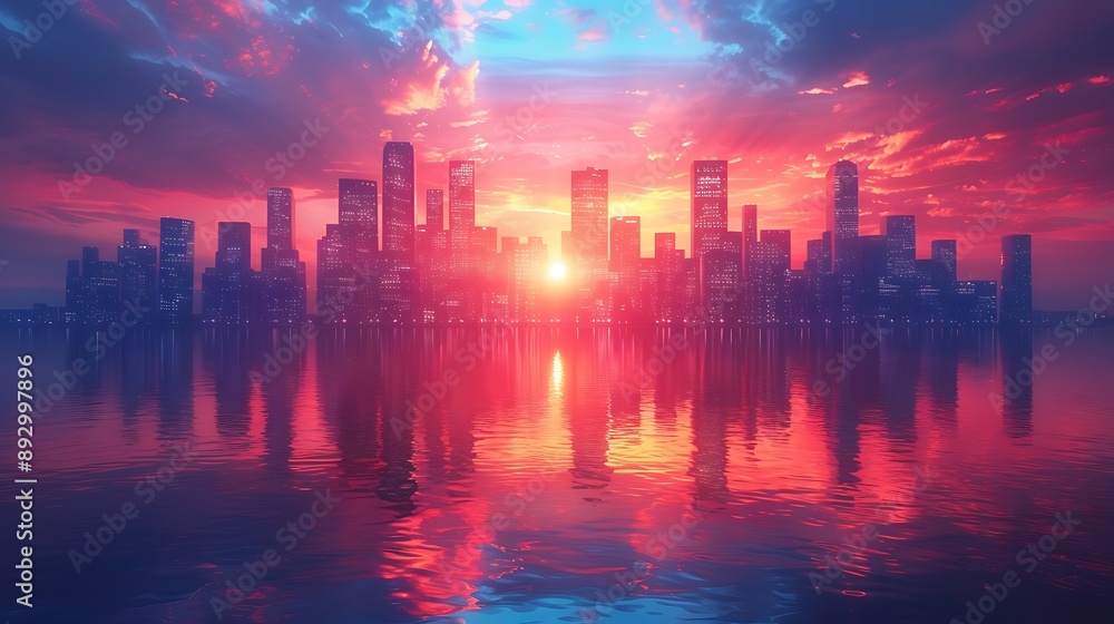 Picture of modern skyscrapers of a smart city, futuristic financial district with buildings and reflections , blue color background for corporate and business template with warm sun rays of light Picture of modern skyscrapers of a smart city, futuristic financial district with buildings and reflections , blue color background for corporate and business template with warm sun rays of light