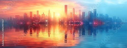  Picture of modern skyscrapers of a smart city, futuristic financial district with buildings and reflections , blue color background for corporate and business template with warm sun rays of light  © Five Million Stocks