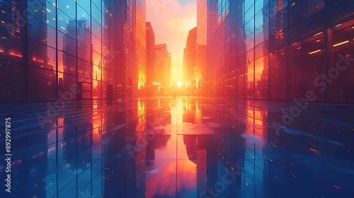  Picture of modern skyscrapers of a smart city, futuristic financial district with buildings and reflections , blue color background for corporate and business template with warm sun rays of light 