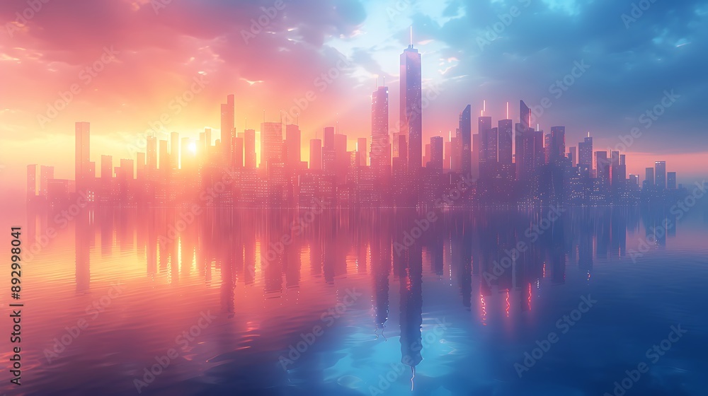 Picture of modern skyscrapers of a smart city, futuristic financial district with buildings and reflections , blue color background for corporate and business template with warm sun rays of light Picture of modern skyscrapers of a smart city, futuristic financial district with buildings and reflections , blue color background for corporate and business template with warm sun rays of light