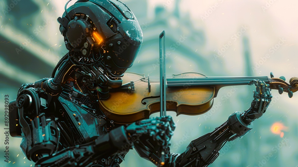 Fototapeta premium A futuristic robot skillfully playing a violin, showcasing advanced technology and artistry in a vibrant urban setting.