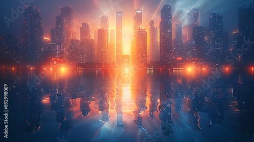  Picture of modern skyscrapers of a smart city, futuristic financial district with buildings and reflections , blue color background for corporate and business template with warm sun rays of light  © Five Million Stocks