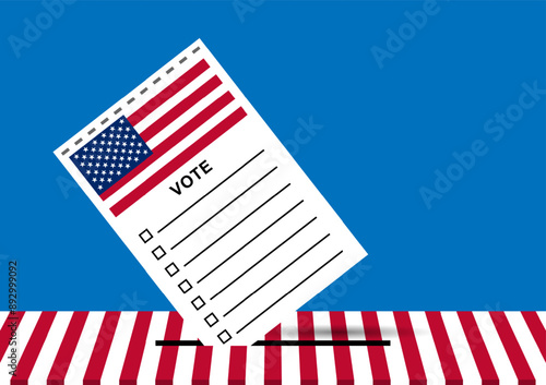 An American voting ballot being inserted into a ballot box on blue background.