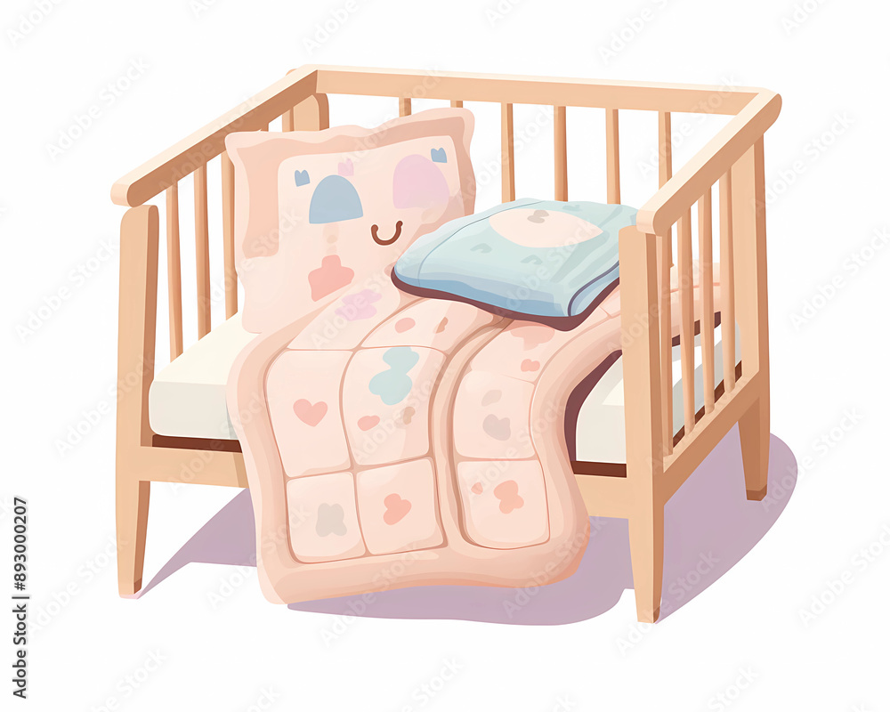 Cute cartoon style baby crib with blanket and pillow vector illustration on a white background Cute cartoon style baby crib with blanket and pillow vector illustration on a white background