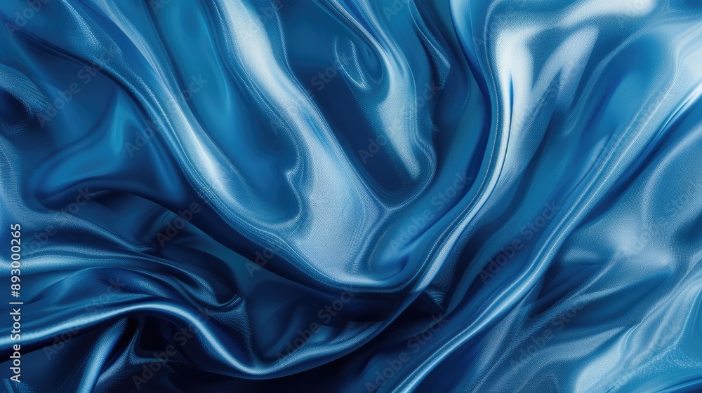 Fototapeta premium Luxurious blue satin fabric with smooth, wavy texture