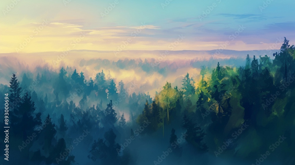 Obraz premium 霧がかかった森の風景、朝13