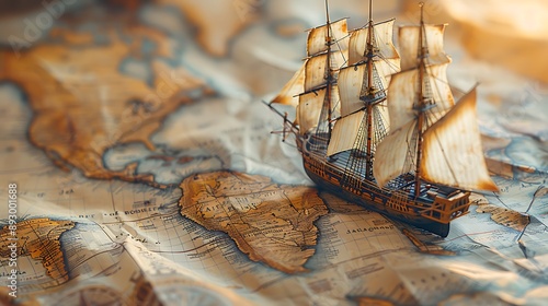  Old sailing ship model on world map , exploration and explorer concept image 