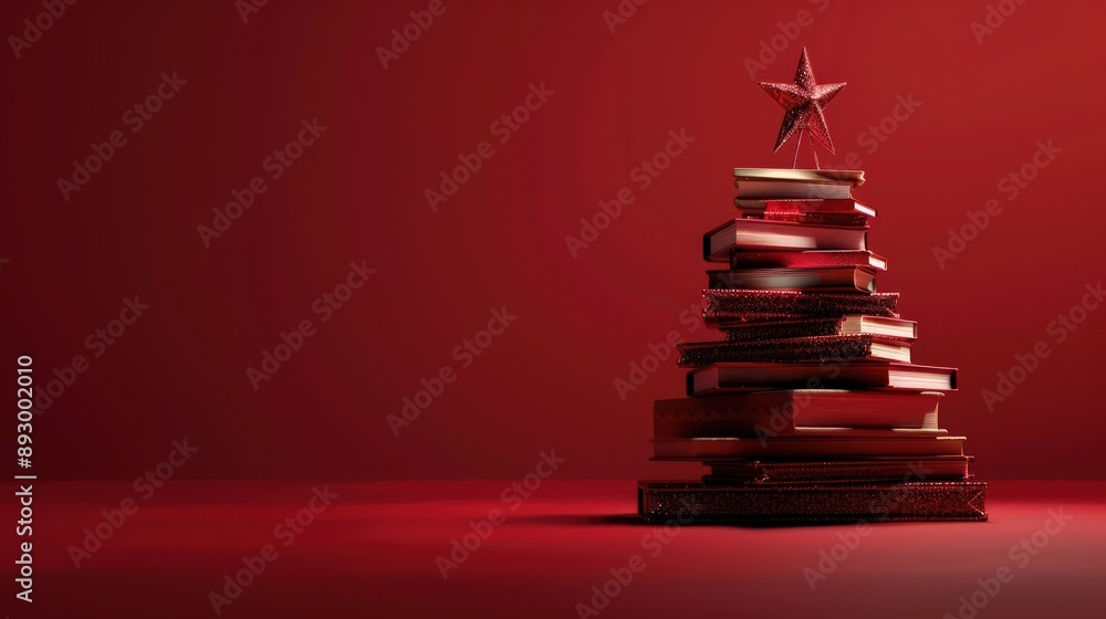 Christmas tree made of books on a red background with copy space, in a minimal concept, Christmas tree made of books on a red background with copy space, in a minimal concept,
