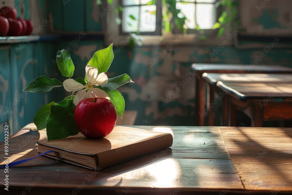 classroom desk with notebook, apple and flower in front of it, school classroom interior background, sunlight through windows, wide classroom desk with notebook, apple and flower in front of it, school classroom interior background, sunlight through windows, wide