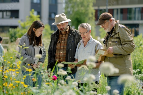 Group of People Exploring a Flower Garden