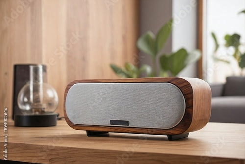 the loudspeaker on a light wooden table.