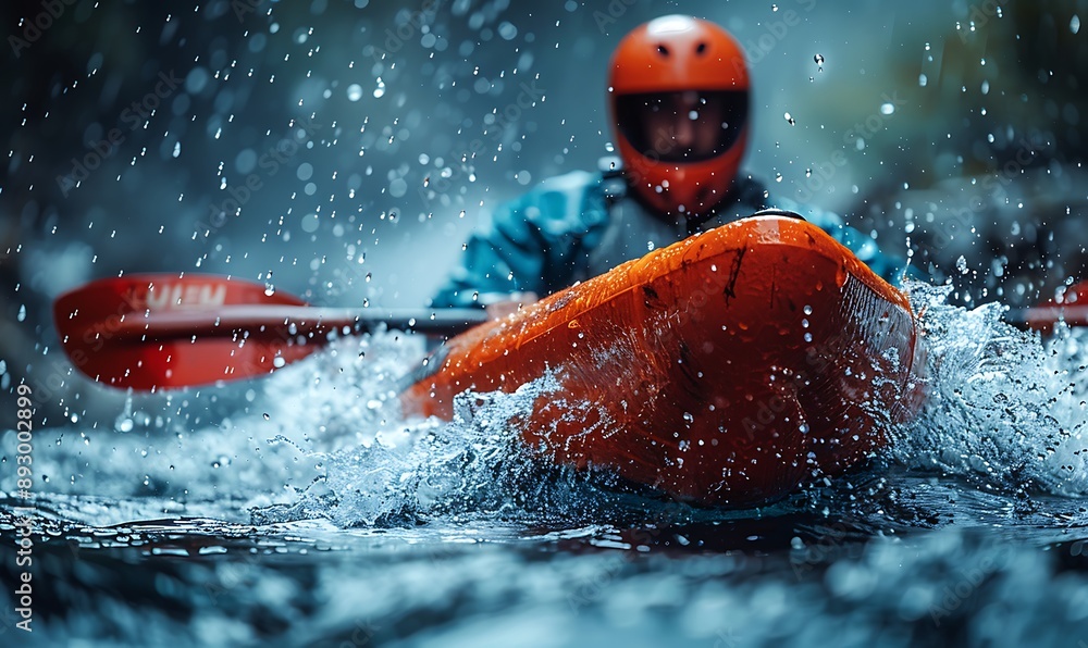 Fototapeta premium Close-up of a man athlete in a canoe canoeing at a slalom competition 