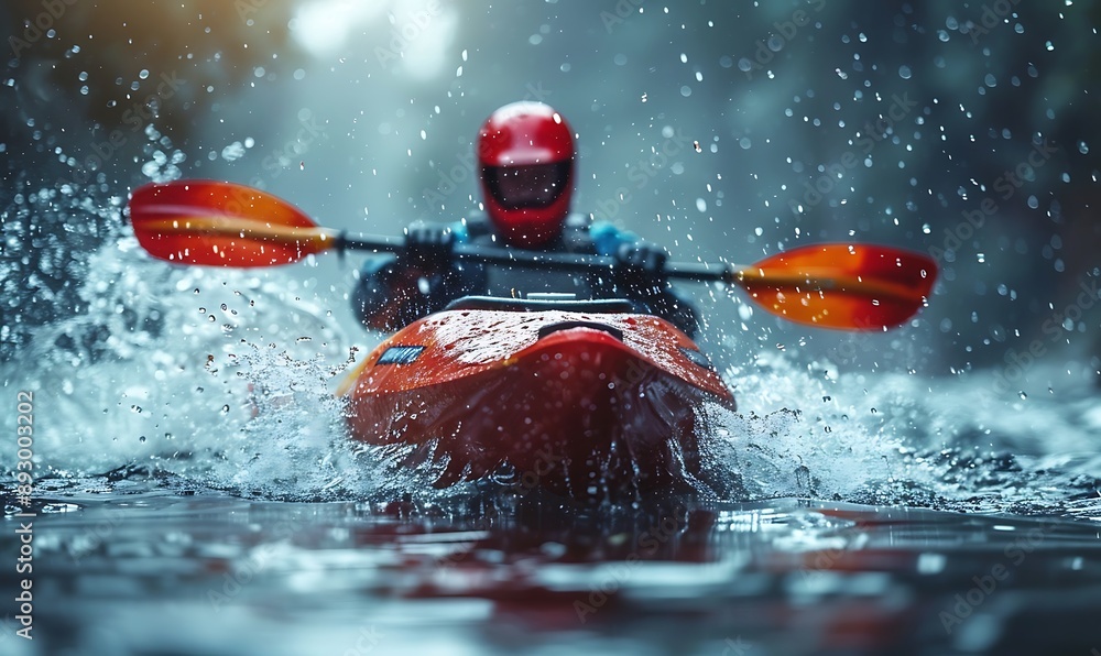 Fototapeta premium Close-up of a man athlete in a canoe canoeing at a slalom competition 