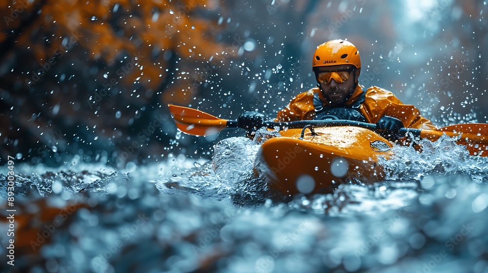 Close-up of a man athlete in a canoe canoeing at a slalom competition Close-up of a man athlete in a canoe canoeing at a slalom competition