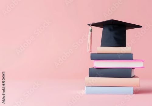 Elegant education concept with graduation cap on pink books against copy space background,