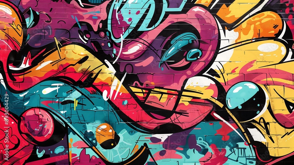Fototapeta premium Colorful graffiti painting adorns a textured brick wall creating a striking urban art display