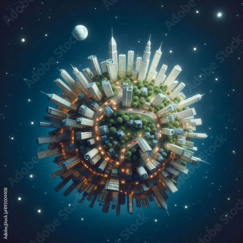 City Planet: A mesmerizing and surreal depiction of a city transformed into a spherical planet, floating amidst a starry expanse. The intricate details of urban life, including buildings, streets, and