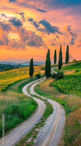 Fototapeta Naklejka Na Ścianę i Meble -  Nature view Sunset Scenic over country beautiful country road at Famous Tuscany landscape with curved road and cypress Italy --ar 9:16 Job ID: 0b06e040-0266-4f36-ae96-a9a306321827