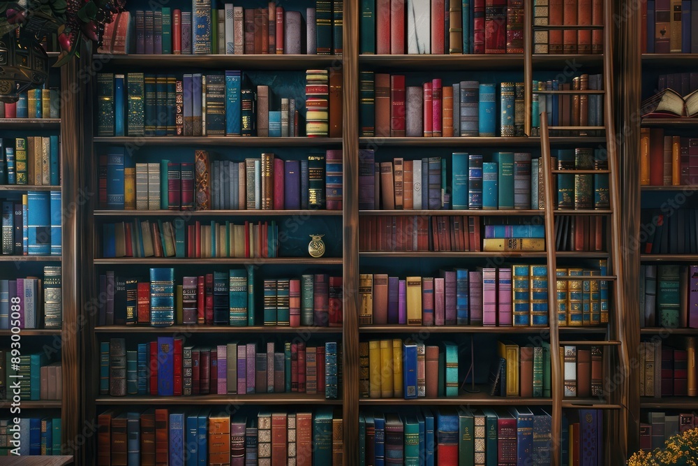 Full height wall of bookshelves filled with colorful books, wooden shelves, front view, photo realistic Full height wall of bookshelves filled with colorful books, wooden shelves, front view, photo realistic
