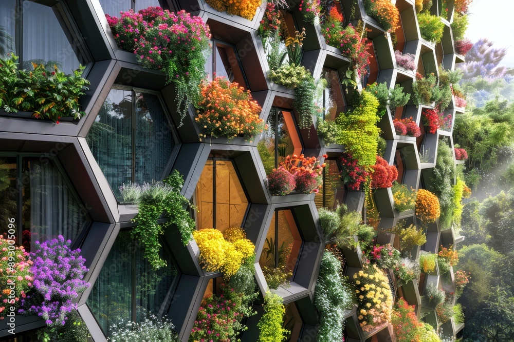 Fototapeta premium Avant-garde green building with an exterior resembling a honeycomb, filled with colorful flowering plants and herbs growing in each hexagonal cell 