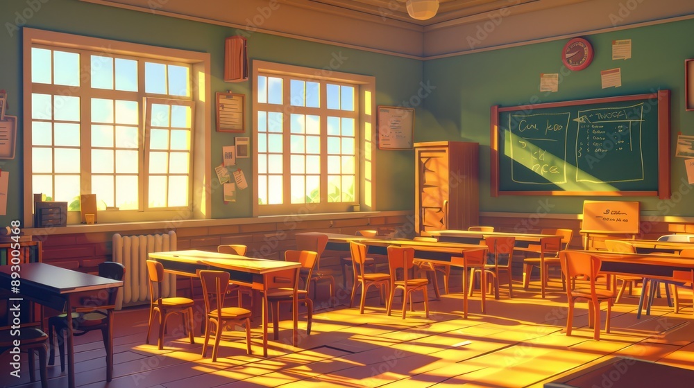 Game scene in a school classroom with desks and blackboards. Bright sunlight outside the window. Simple background Game scene in a school classroom with desks and blackboards. Bright sunlight outside the window. Simple background