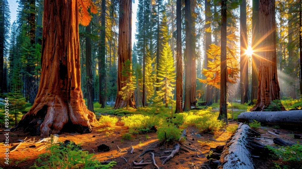 Fototapeta premium Forest with giant trees, towering trunks,