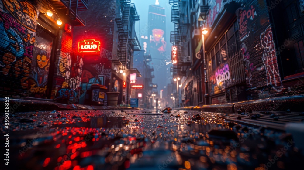 Obraz premium Cyberpunk alley with glitch effects and neon graffiti, surrounded by digital noise