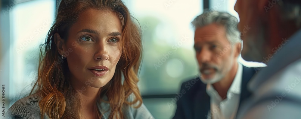 Obraz premium Woman listening intently to man talking. Serious discussion. Office setting.